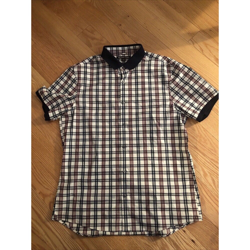 Michael Kors Short Sleeve Button Up Shirt Large Blue Maroon‎ Stripes NWOT